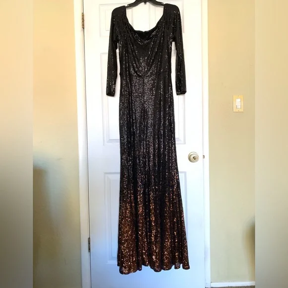 Sequin Cocktail Dress Long, Tadashi Shoji Stretch Black & Copper. Long Sleeve - Picture 3 of 14